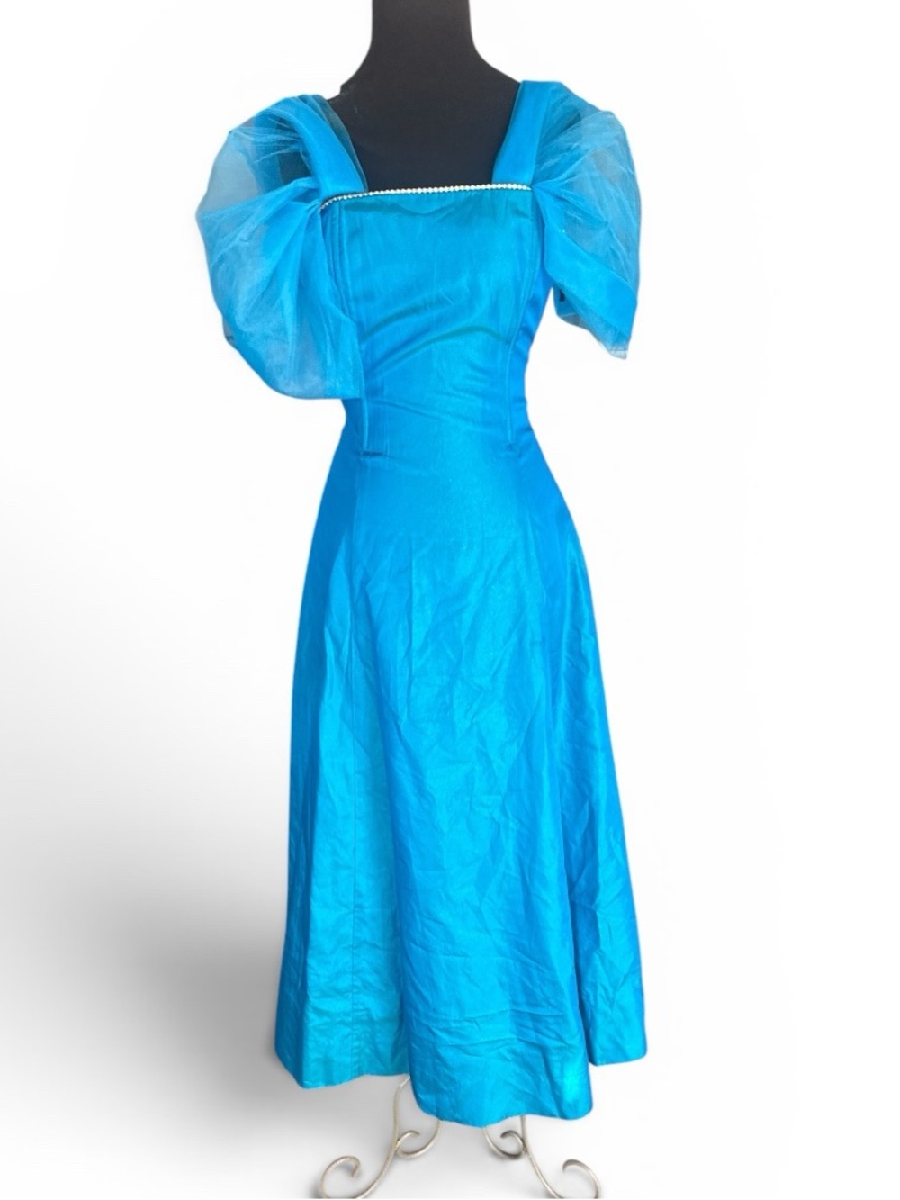 Vintage Gunne Sax Fairycore Iridescent Blue Prom Dress XS Glitter Tulle Sleeve